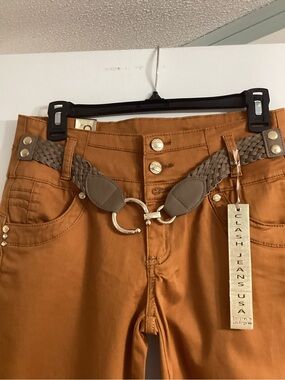 Clash Jeans USA Women’s High-Waist Rust Brown Jeans with Braided Belt